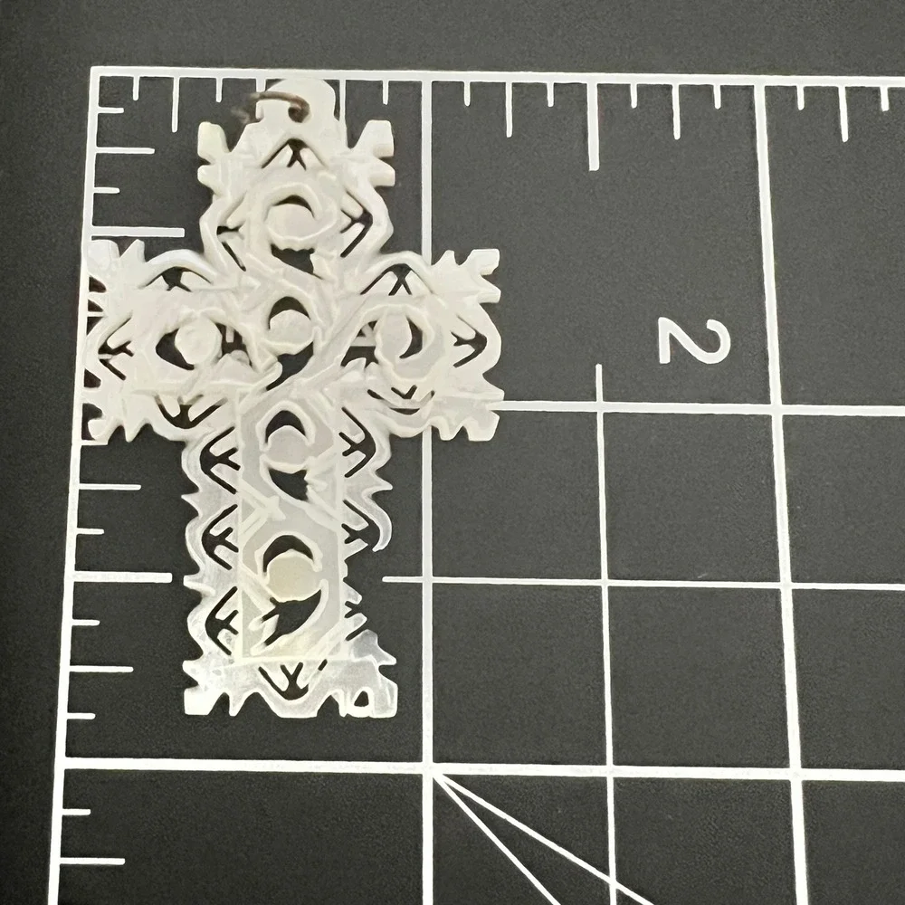 Vintage Mother of Pearl Carved Cross Pendant Bethlehem Lace Openwork Shell 2.5